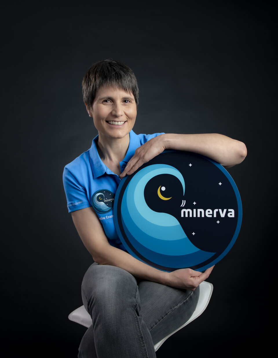 Samantha Cristoforetti with Minerva's logo