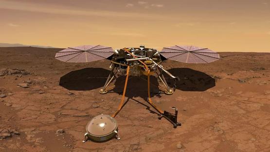 A mockup of Insight dropping the seismometer