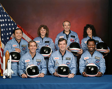 STS-51-L multiplier: (front row from left) Smith, Skoby, McNair; (back row from left) Onizuka Seiko, McAuliffe, Jarvis, Resnick