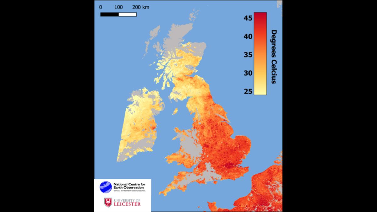 Land temperatures in the U.K. in July 2022 measured by satellites.