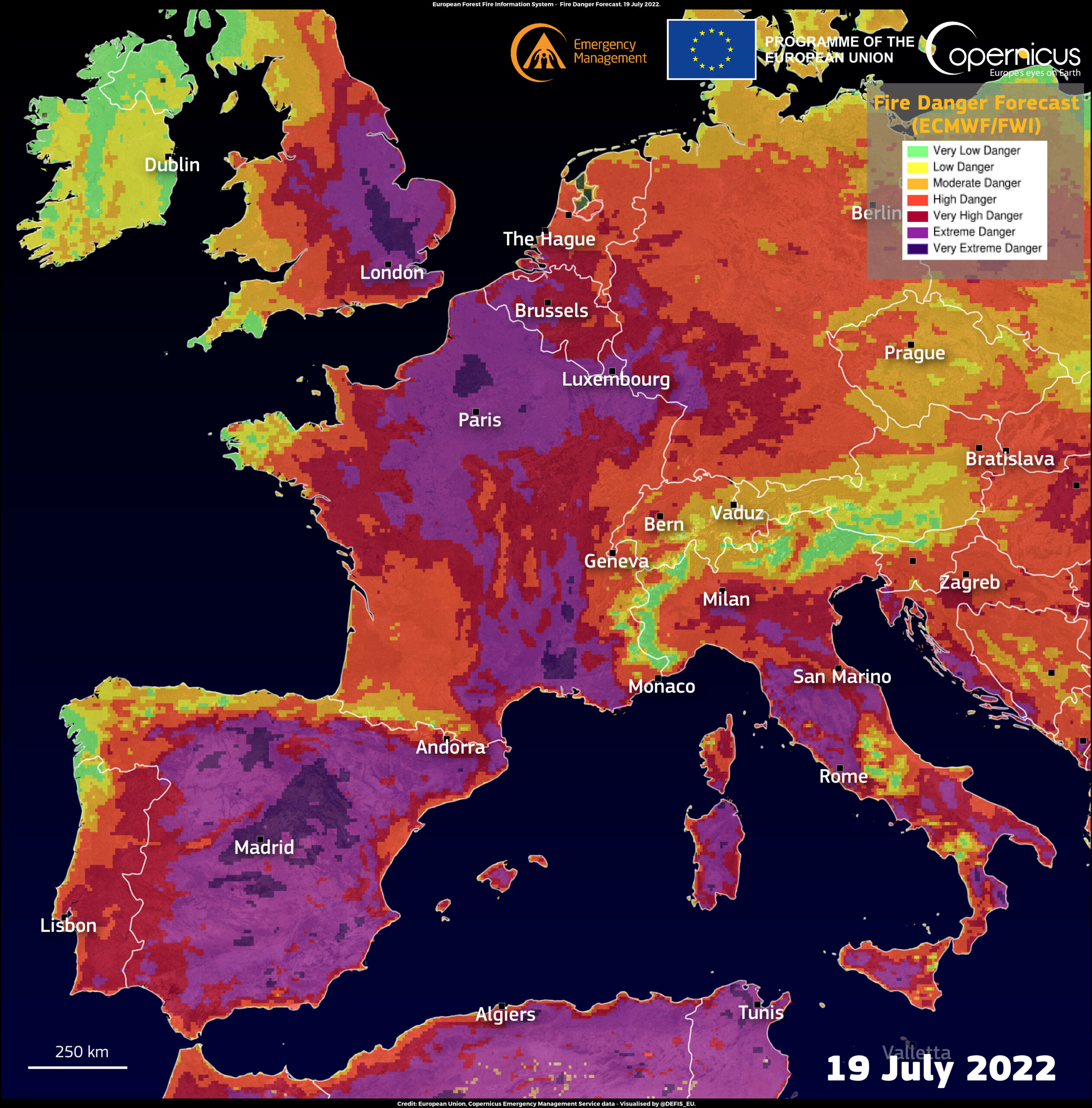 As shown in this image,today, 19 July 2022, shows ‘Very Extreme Danger’ of fire – the highest level of risk in Spain, France, Italy and the United Kingdom.