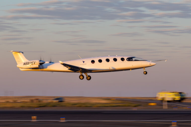 Eviation’s all-electric Alice airplane streaks over the runway at Moses Lake, Wash.
