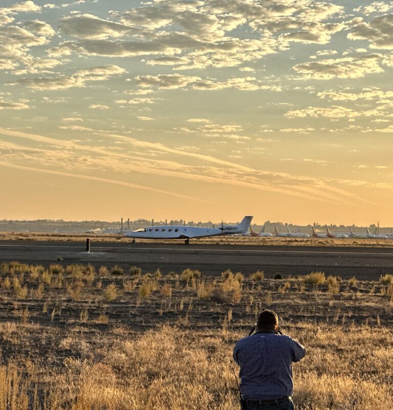 Eviation’s Alice airplane passes by on the runway.
