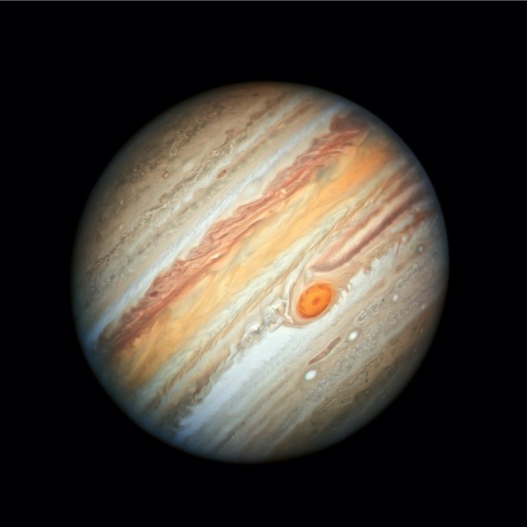 This photo of Jupiter, taken from the Hubble Space Telescope on June 27, 2019, features the Great Red Spot, a storm the size of Earth that has been raging for hundreds of years. Credits: NASA, ESA, A. Simon (Goddard Space Flight Center), and M.H. Wong (University of California, Berkeley)