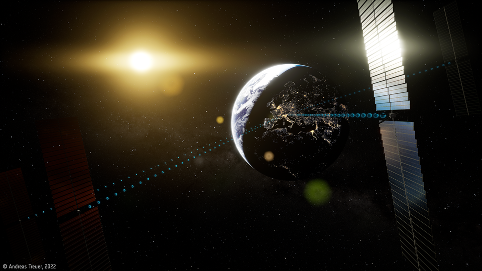 Demonstration model of the principle of space solar power, which involves collecting sunlight from Earth orbit and then launching it to the desired surface.