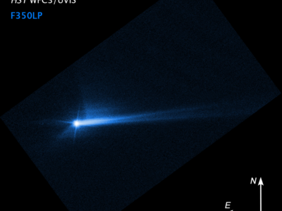 This image taken by Hubble shows debris erupting from the surface of the Dimorphos