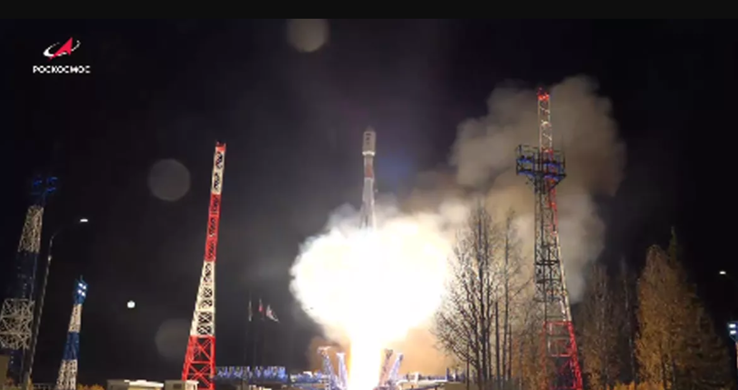 A Soyuz rocket carrying the fifth GLONASS-K navigation satellite launches from Russia's Plesetsk Cosmodrome on Oct. 9, 2022.