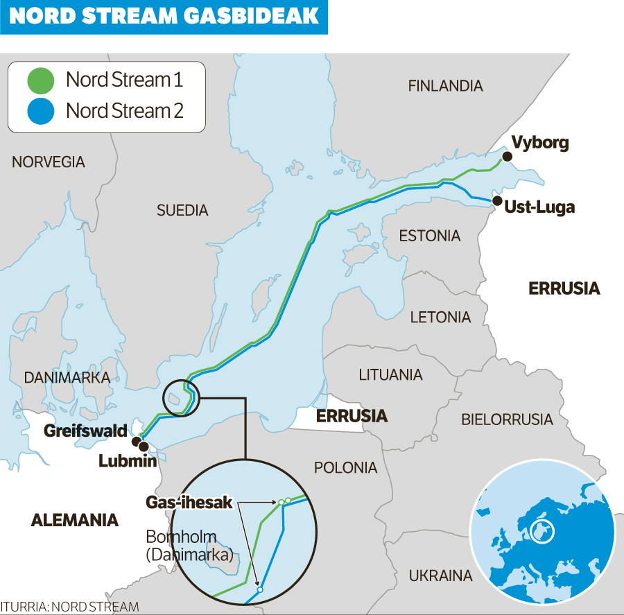 Map showing the location of the Nord Stream 1 and Nord Stream 2 pipelines near Bornholm. The two run close to each other most of the way, but deviate near the sites of the leaks.