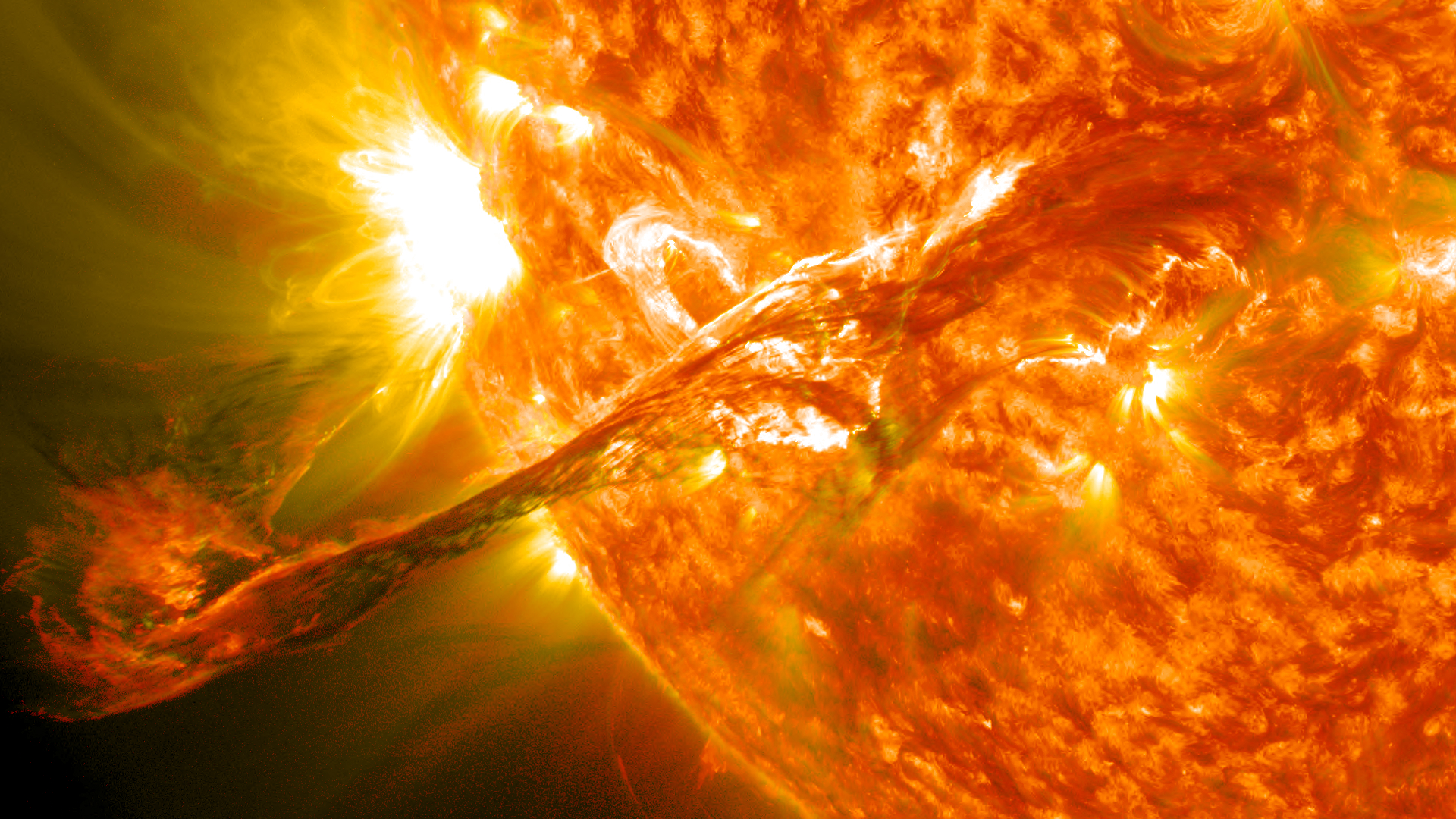 On August 31, 2012 a long filament of solar material that had been hovering in the sun's atmosphere, the corona, erupted out into space at 4:36 p.m. EDT. The coronal mass ejection, or CME, traveled at over 900 miles per second. The CME did not travel directly toward Earth, but did connect with Earth's magnetic environment, or magnetosphere, causing aurora to appear on the night of Monday, September 3.<br /> Picuted here is a lighten blended version of the 304 and 171 angstrom wavelengths. Cropped<br /> Credit: NASA/GSFC/SDO<br /> <b></b>