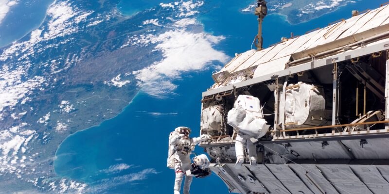 Space suits being used to work on the International Space Station.